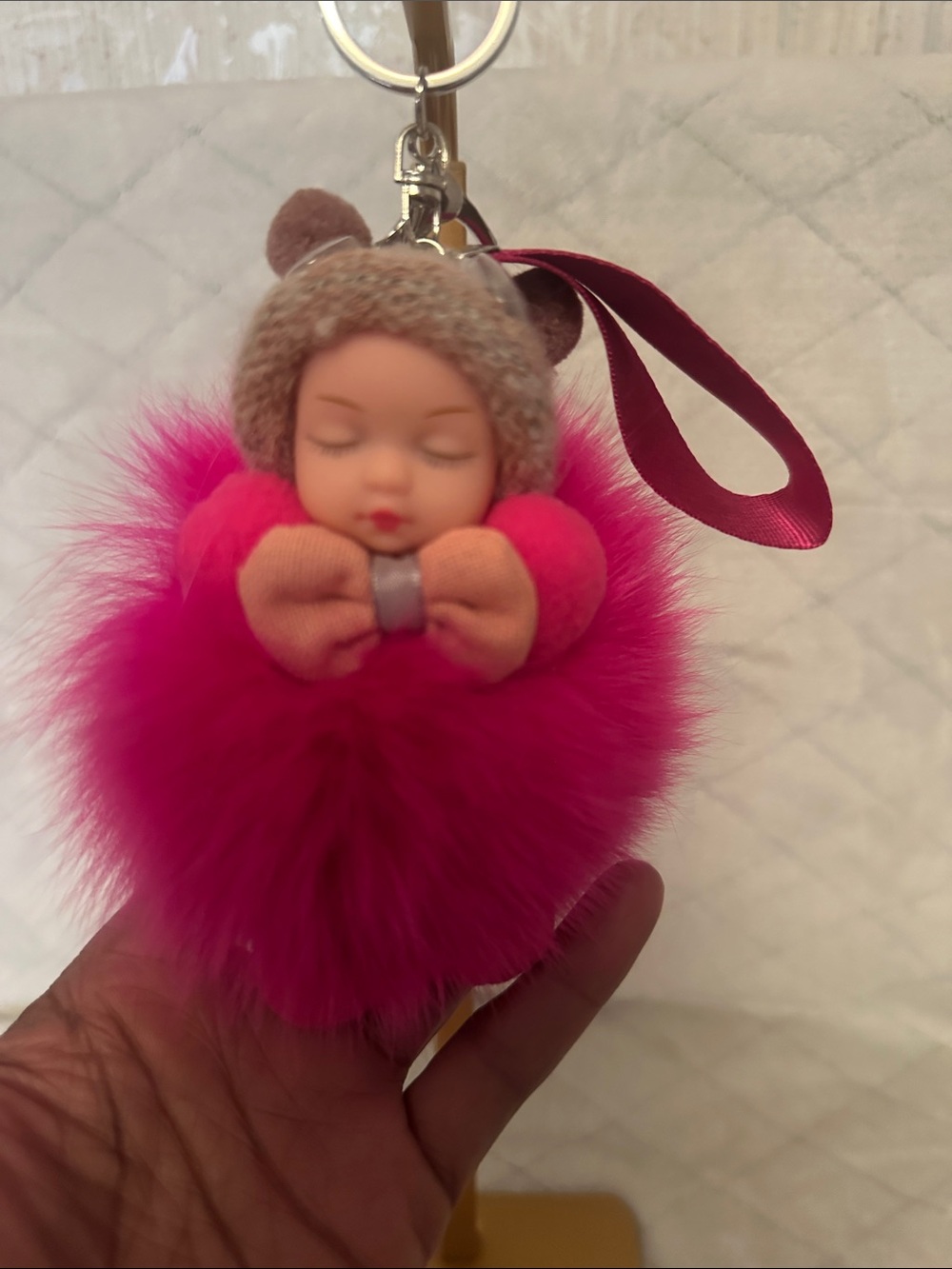Pink Pom-Pouf Doll Keychain with Bow or bag charm